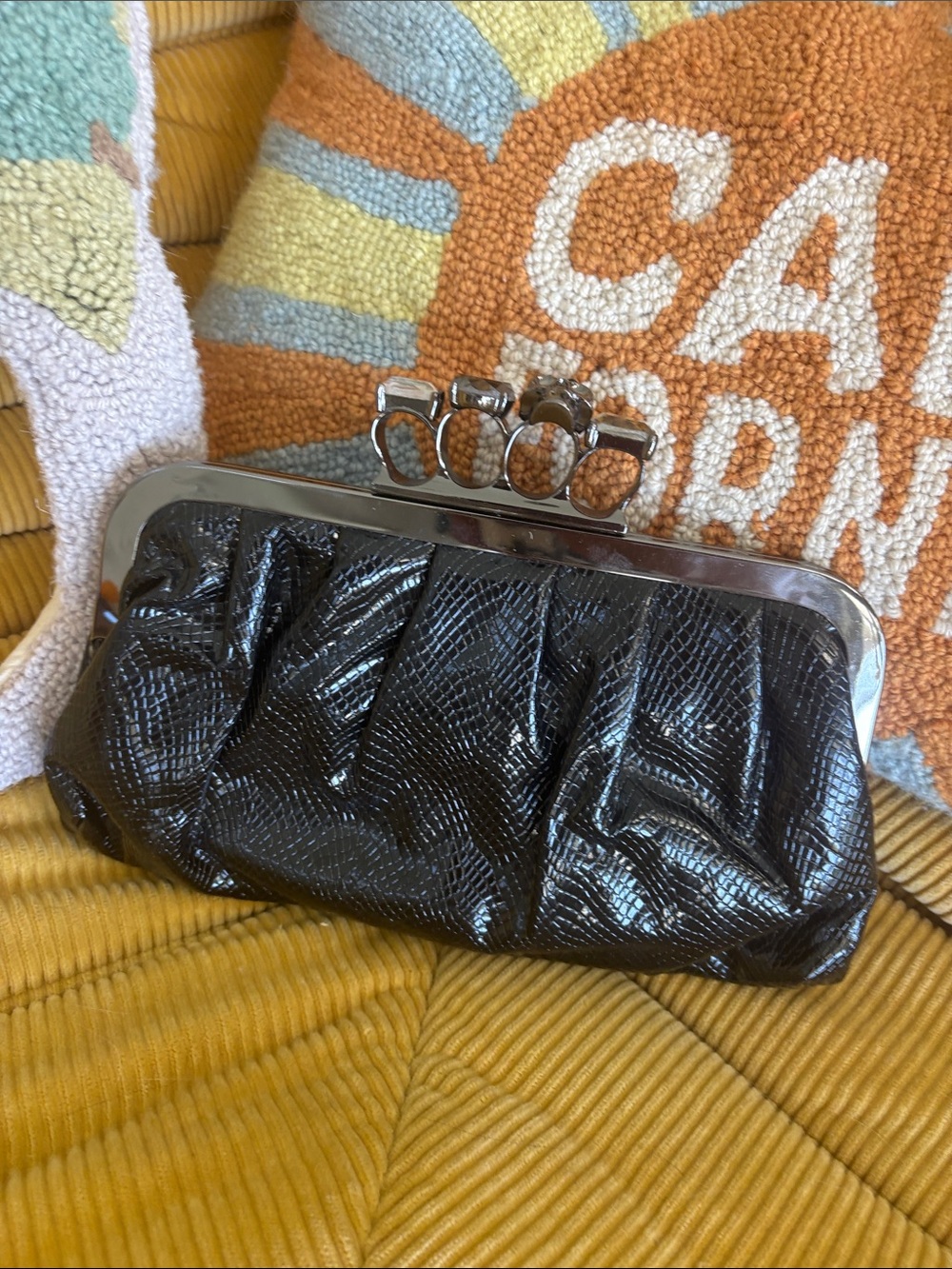 Textured Black Knuckle-Ring Evening Clutch